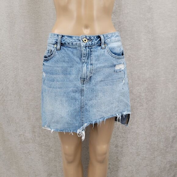 Pistola Denim Blue Jean Asymmetrical Frayed Hem Mini Skirt Distressed - Picture 1 of 9